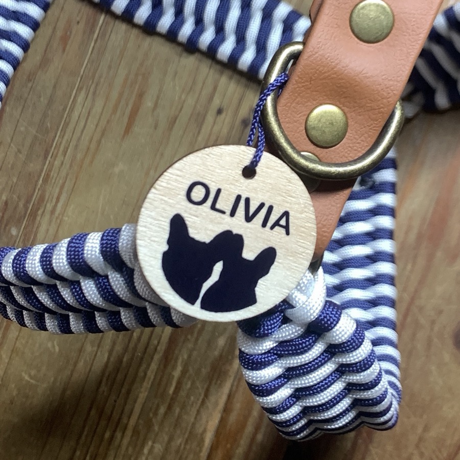 Gros plan sur la médaille en bois au prénom Olivia, avec la silhouette Roxika, pendue à l'anneau en finition antique d'un harnais tressé bleu marine et blanc