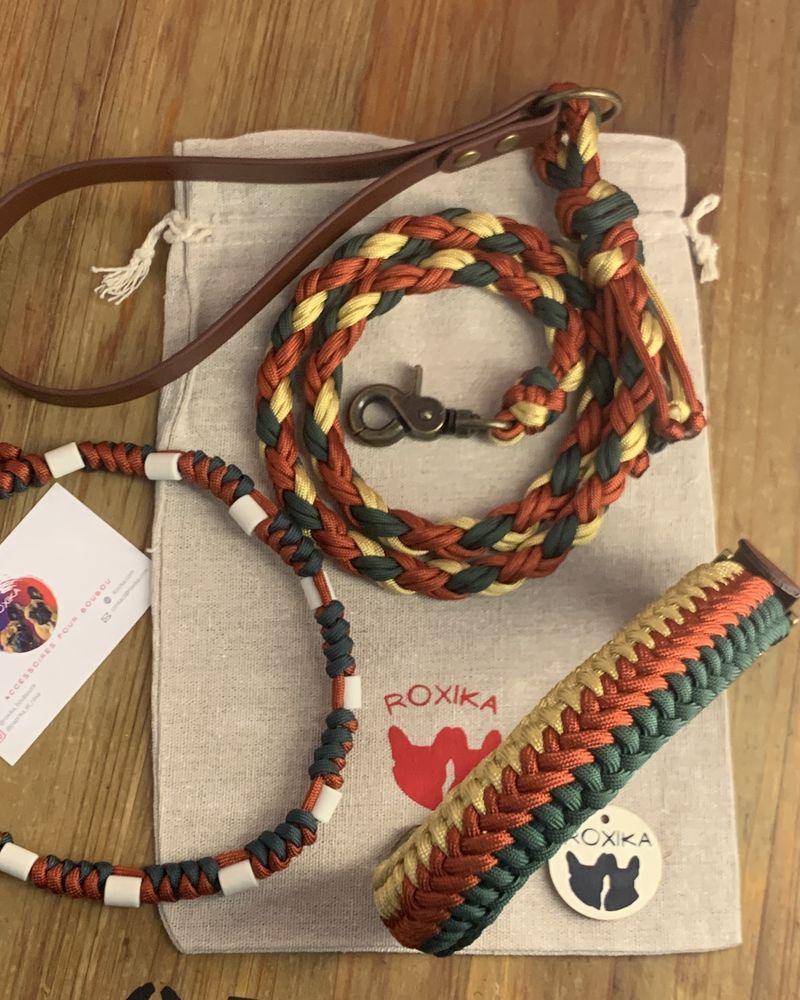 L'Ensemble Automne Chic posé à plat sur son pochon en coton : la laisse tressée et sa poignée en cuir vegan Chestnut, le collier anti-tiques coulissant à perles blanches, le collier tressé Tricolore et la médaille en bois