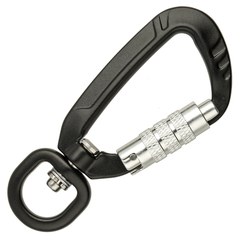 Le twist lock noir mat sur fond blanc, sa bague à visser argentée et son émerillon